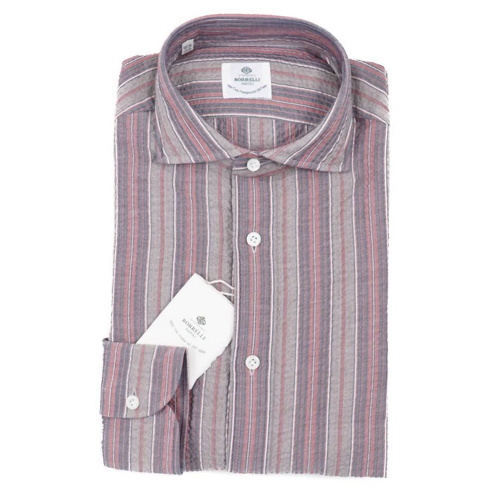 NEW LUIGI BORRELLI NAPOLI men's lightweight seersucker shirt in navy, red, and g